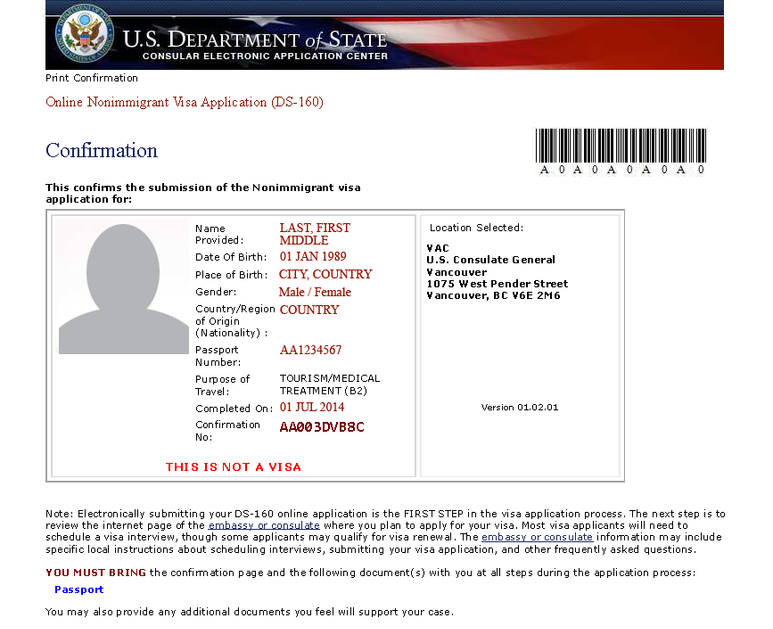 Exemplo de formulário DS-160 para Chicago e Estados Unidos