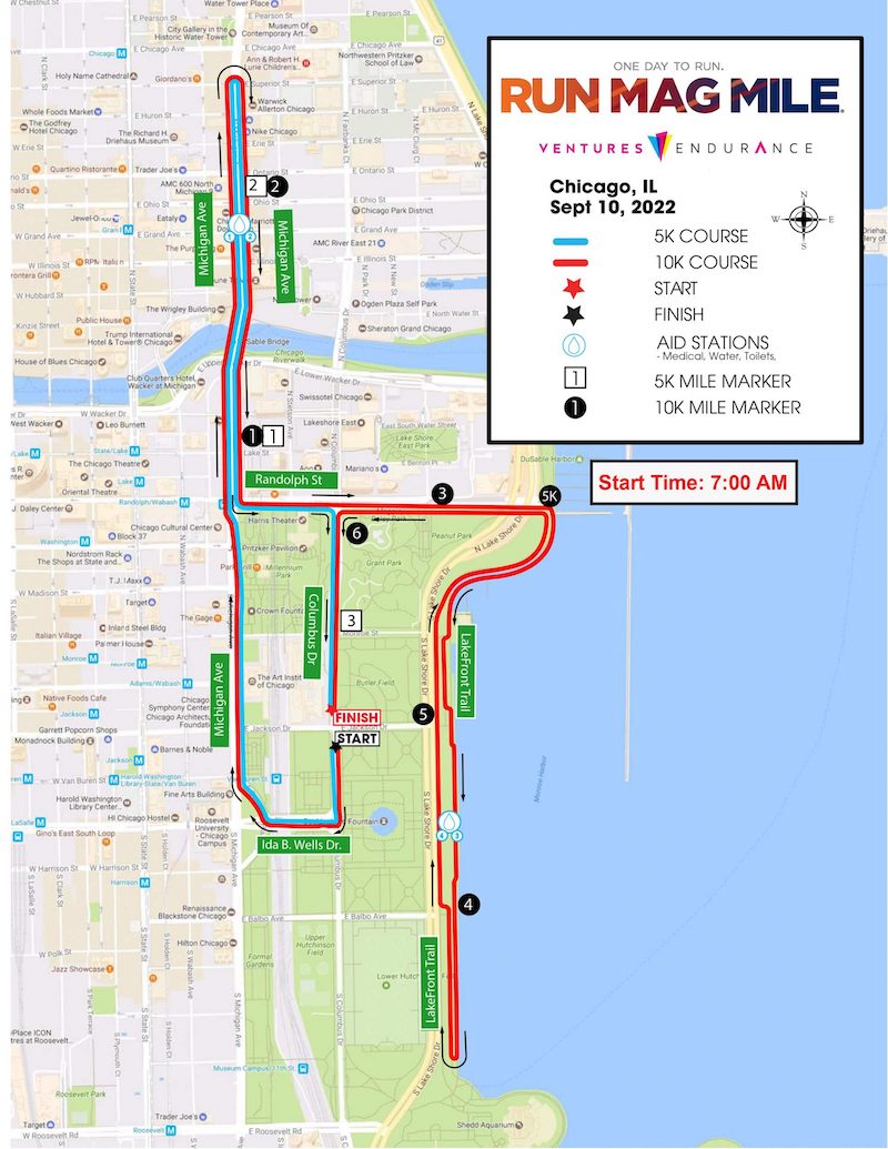 Mapa do percurso da Run Mag Mile em Chicago